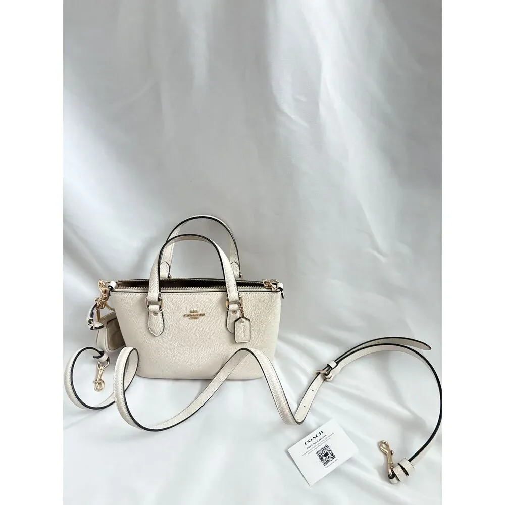 Coach Mini Gallery Bag Crossgrain Leather Chalk White with Pouch Charm and Strap